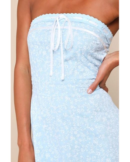 Lulus Blue Precious Babe Floral Ribbon Strapless Mini Dress