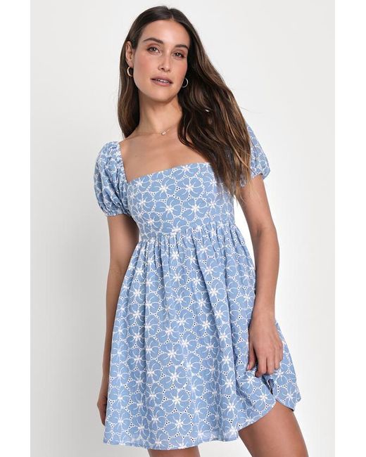 Lulus Blue Fit To Frolic Eyelet Lace Puff Sleeve Babydoll Dress