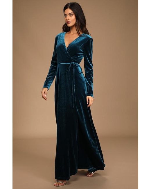 Lulus Blue Jacinda Velvet Wrap Maxi Dress