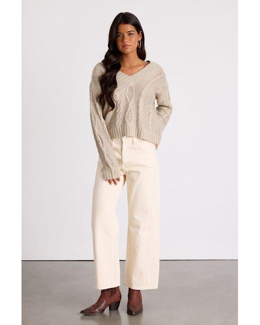 Lulus Natural Ewan Sequin Cable Knit V-Neck Sweater