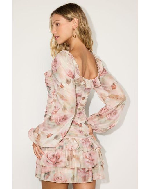 Lulus Natural Francie Abstract Print Mesh Tiered Mini Dress