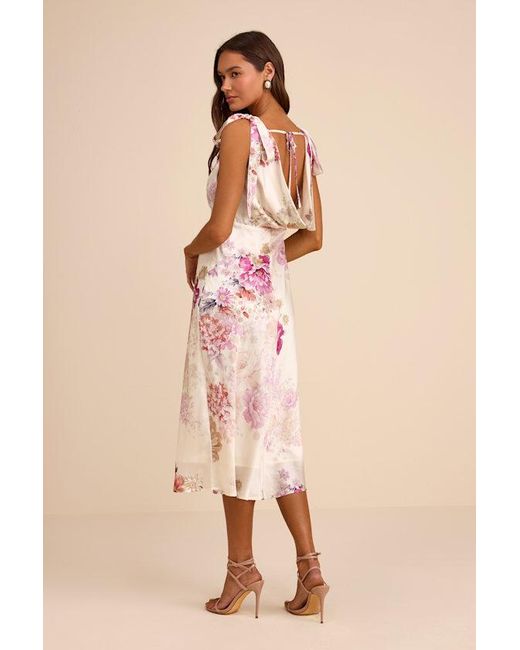Lulus Natural Zoella Floral Satin Tie-Strap Midi Dress