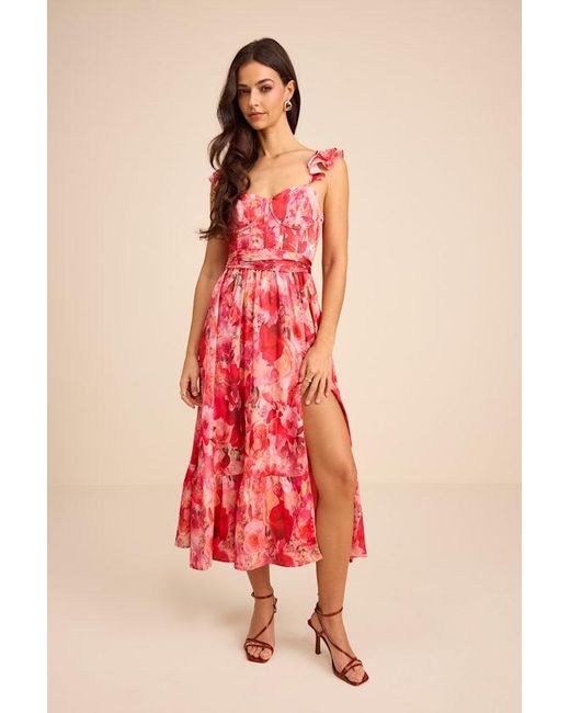 Lulus Red Sweet Like Sangria Floral Ruffled Bustier Midi Dress