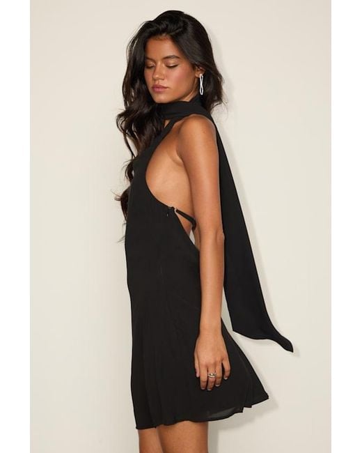 Lulus Black Isloda One-Shoulder Backless Sash Mini Dress