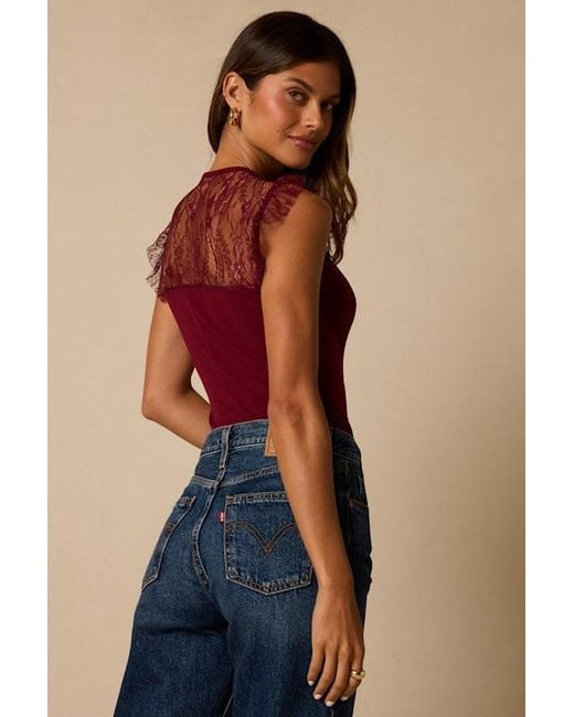 Lulus Red Coveted Crush Lace Tie-Neck Bodysuit