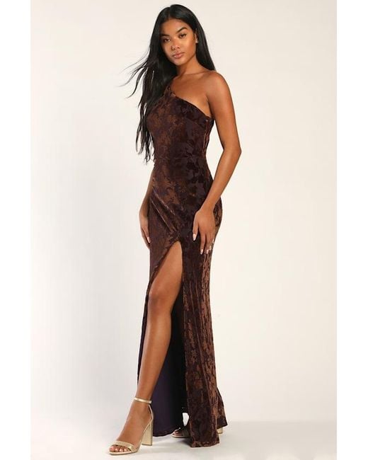 Lulus Purple Marvelous Moi Dark Plum Burnout Velvet One-Shoulder Maxi Dress