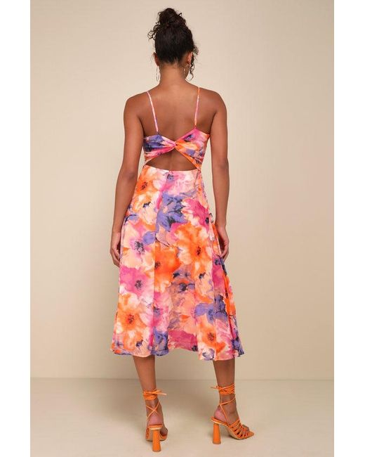 Lulus Red Radiant Feelings And Floral Chiffon Midi Dress