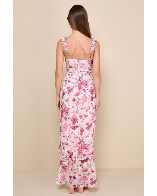 Lulus Pink Lovable Spirit Floral Burnout Ruffled High-Low Maxi Dress