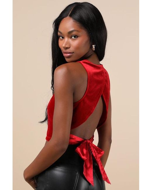 Lulus Red Let's Tie It Velvet Tie-Back Cropped Tank Top