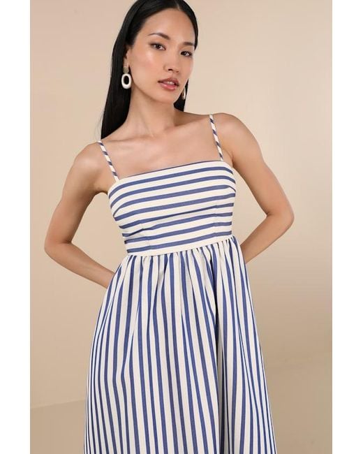 Lulus Blue Exceptionally Pristine And Cream Striped Cutout Midi Dress