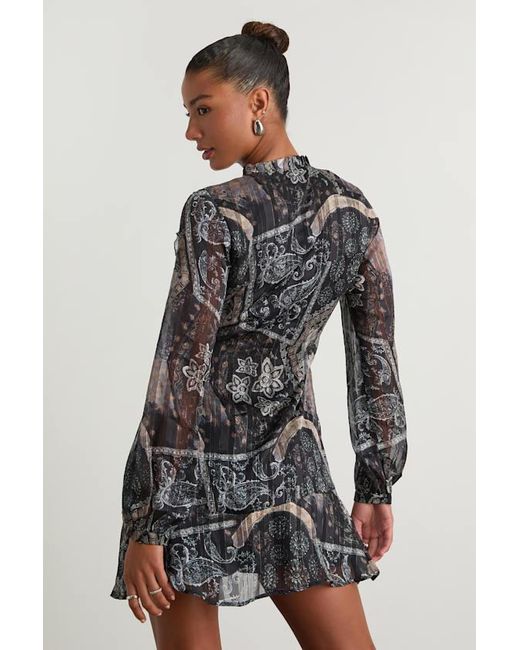 Lulus Gray Claire Dark Boho Print Wrap Mini Dress
