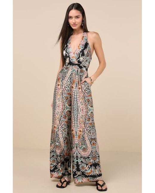 Lulus Natural Divine Wanderings Scarf Print Satin Wide-Leg Jumpsuit