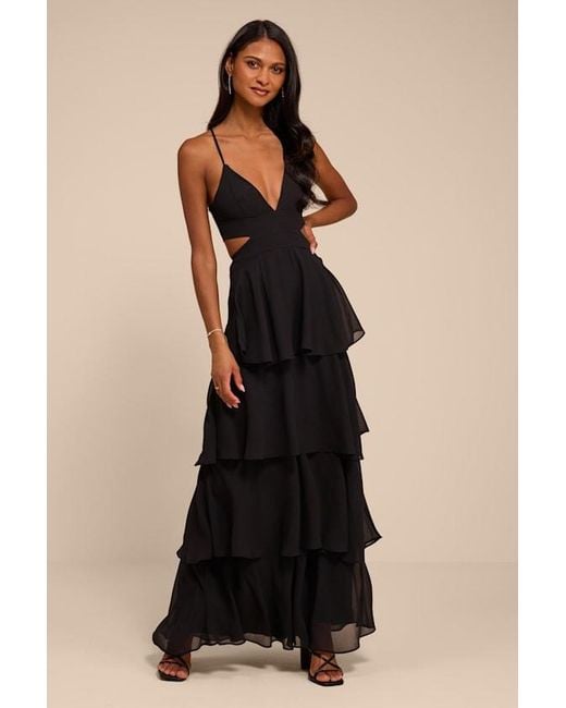 Lulus Black Tier And Now Tie-Back Tiered Maxi Dress