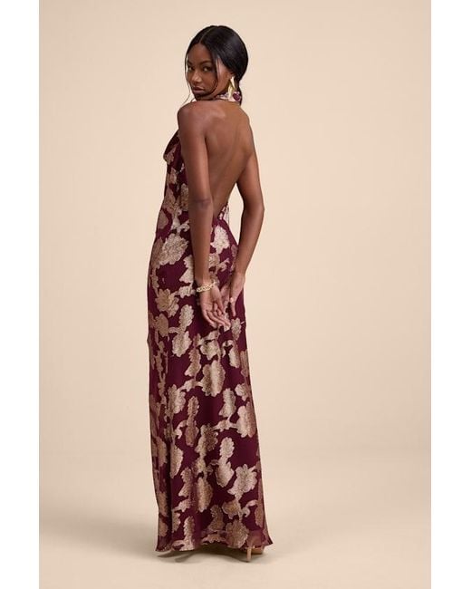Lulus Multicolor Zafira Burgundy And Burnout Cowl Halter Maxi Dress