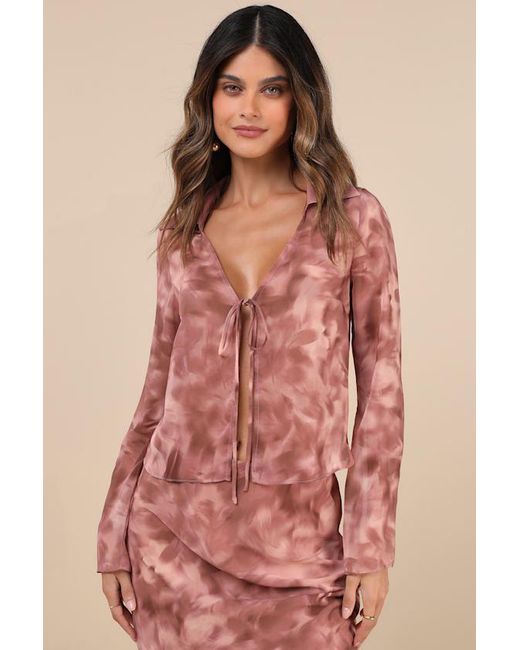 Glamorous Pink Ethereal Aesthetic Abstract Tie-Front Long Sleeve Top