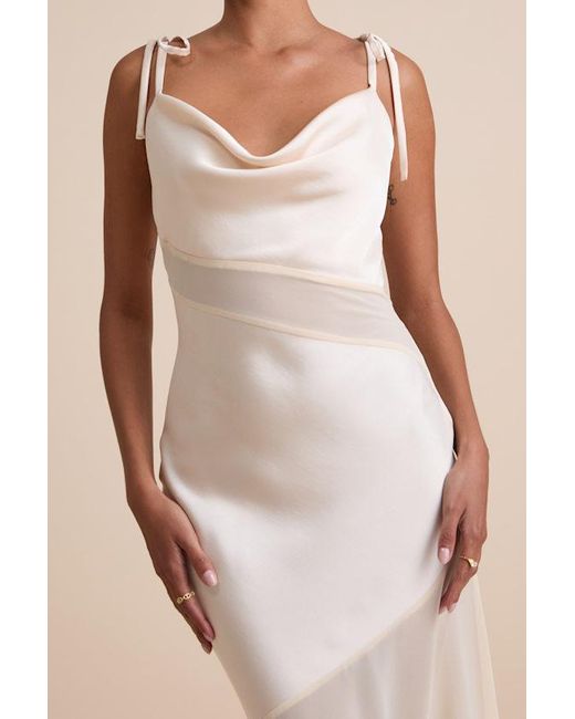 Lulus Natural Enara Cream Satin Mesh Tie-Strap Asymmetrical Midi Dress