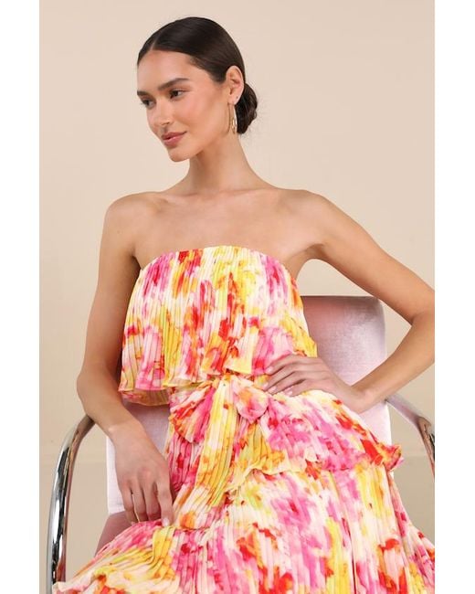 Lulus Pink Nessa And Abstract Plisse Tiered Midi Dress