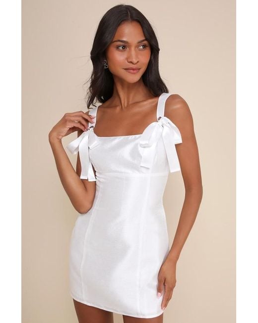Lulus White Exceptionally Precious Shiny Ribbon Bow Mini Dress