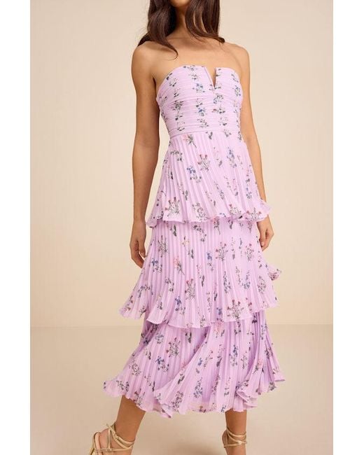 Lulus Pink Hadelyn Floral Pleated Tiered Midi Dress