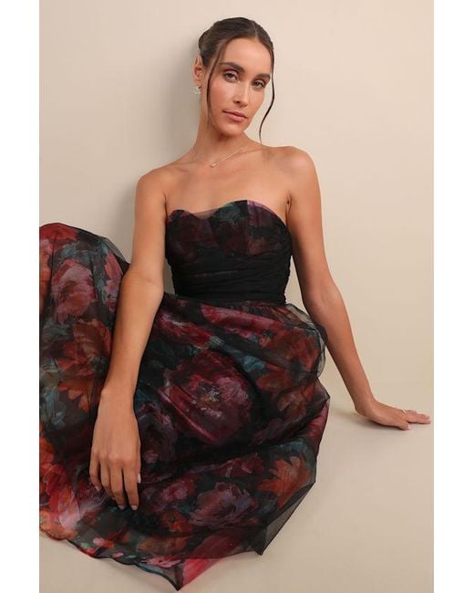 Lulus Natural Splendidly Yours Floral Organza Mesh Strapless Midi Dress