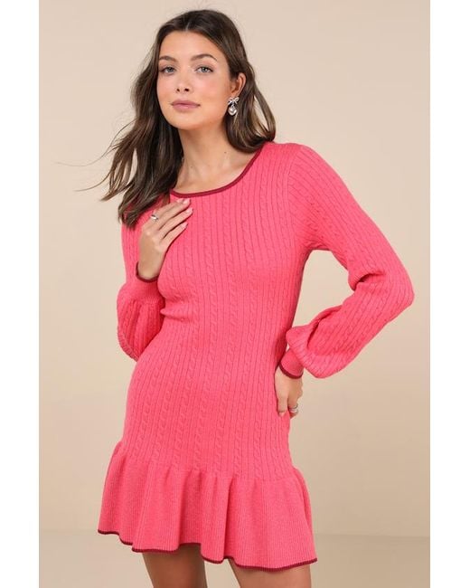 Lulus Pink Coziest Poise Cable Knit Long Sleeve Sweater Mini Dress