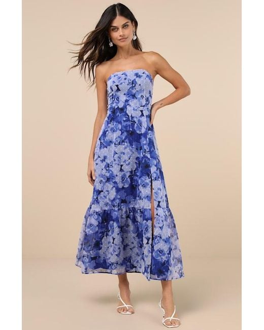 Lulus Blue Bright Perspective And Floral Strapless Midi Dress