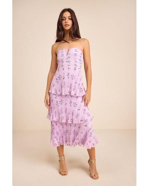 Lulus Pink Hadelyn Floral Pleated Tiered Midi Dress