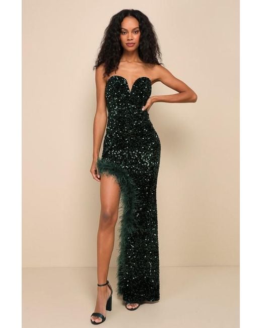 Lulus Natural Everlasting Radiance Emerald Sequin Strapless Feather Maxi Dress