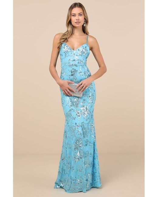Lulus Blue Glittering Excellence Aqua Sequin Lace-Up Maxi Dress