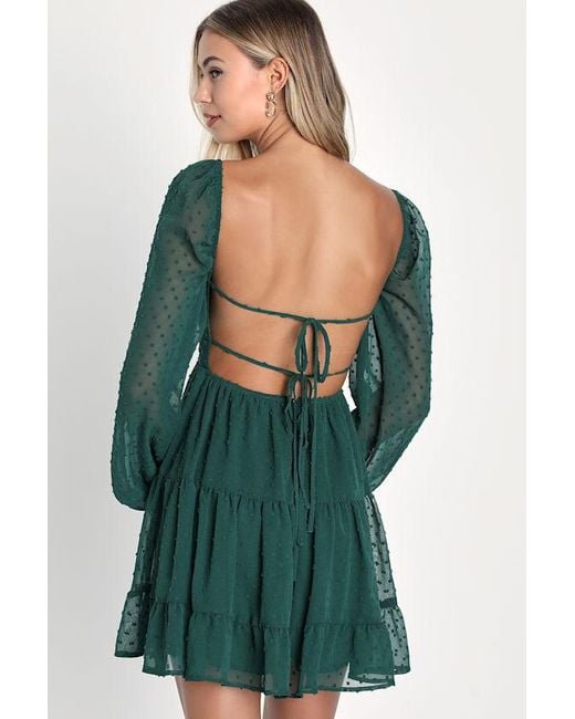 Lulus Green Longing And Love Emerald Swiss Dot Puff Long Sleeve Mini Dress