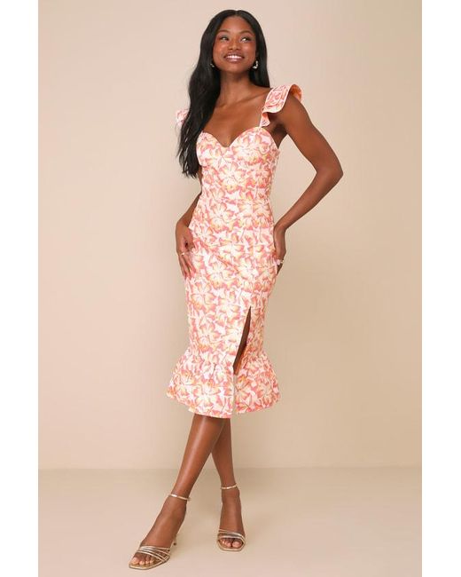 Lulus Natural Darling Celebration Coral Floral Ruffled Trumpet Midi Dress