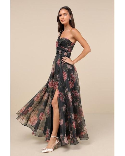 Lulus Natural Truly Extraordinary Floral Organza One-Shoulder Maxi Dress