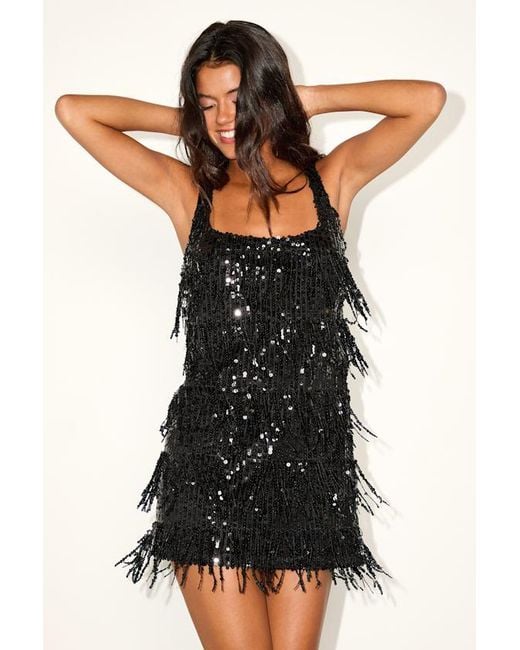 Lulus Black Nayeli Sequin Fringe Bodycon Mini Dress