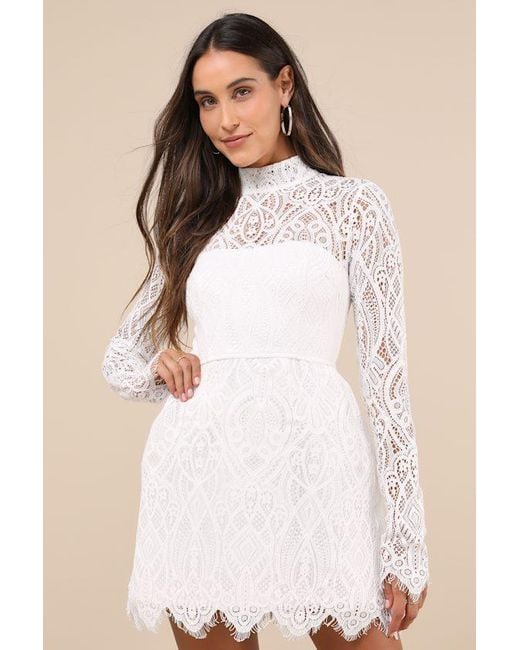 Lulus Natural Gorgeous Attraction Lace Structured Long Sleeve Mini Dress