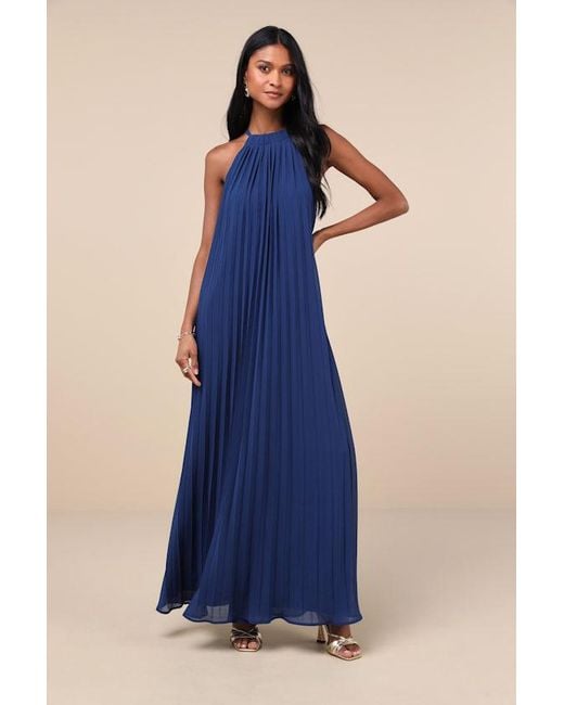 Lulus Blue Exceptionally Elegant Pleated Chiffon Maxi Dress