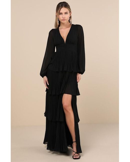 Lulus Black Graceful Finesse Pleated Long Sleeve Maxi Dress