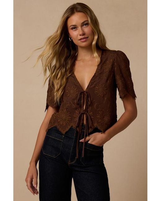 Lulus Brown Vintage Aesthetic Embroidered Tie-Front Fringe Hem Top