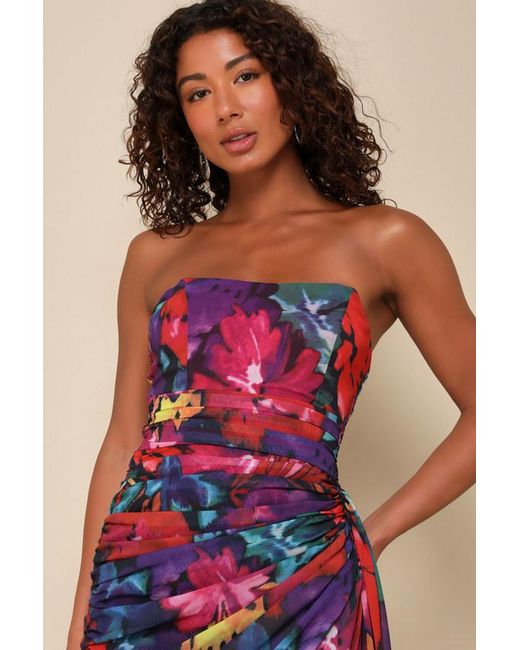 Lulus Red Uncommon Aesthetic Floral Strapless Bodycon Midi Dress