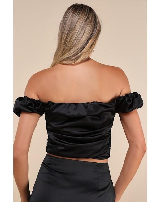 ZEMETA Black Rose Satin Rosette Off-The-Shoulder Puff Sleeve Top