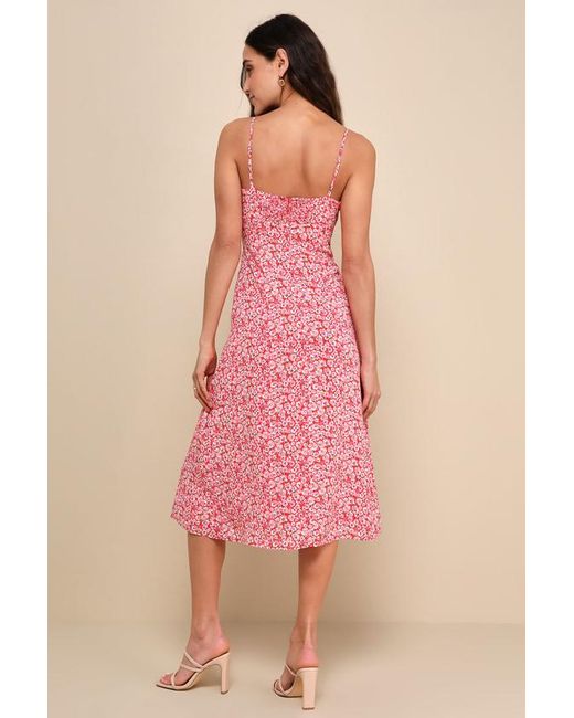 Lulus Pink Intricate Sweetness Floral Tie-Front Sleeveless Midi Dress