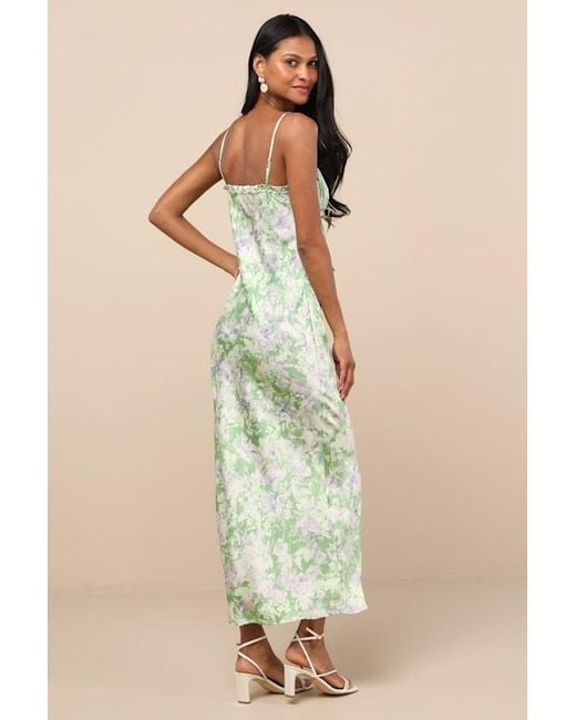 JACQUIE THE LABEL Green Valentina Multi Abstract Satin Ruffled Maxi Dress