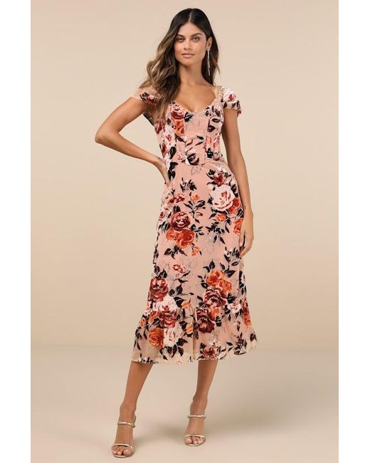 Lulus Pink Composed Beauty Burnout Velvet Floral Midi Dress