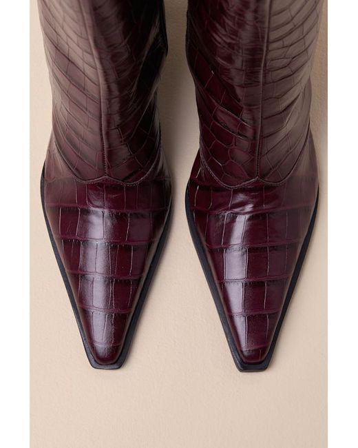 SCHUTZ SHOES Pink Raffaela Merlot Wine Leather Croc-Embossed Ankle Boots