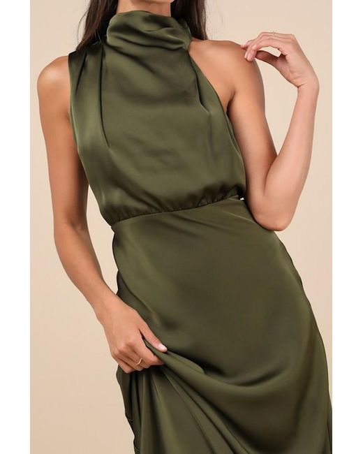 Lulus Green Distinctive Charm Satin Asymmetrical Maxi Dress