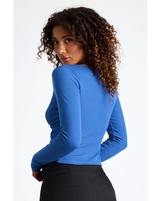Lulus Blue Lumirah Ribbed Knot-Front Cutout Long Sleeve Top