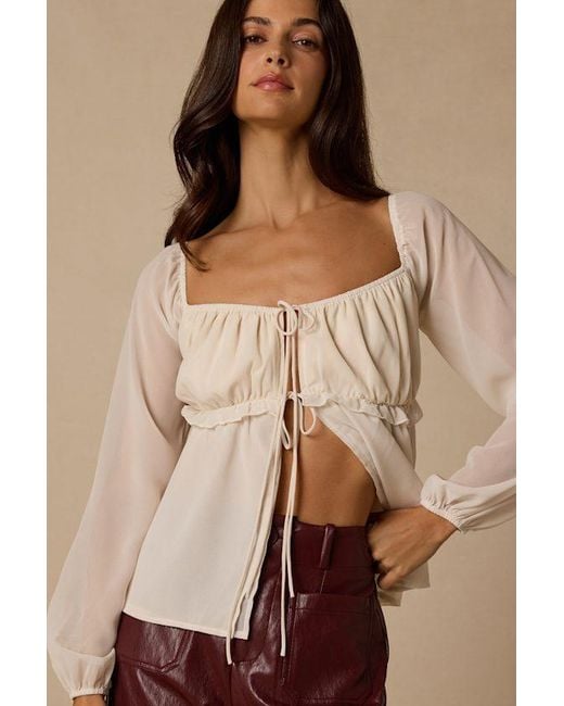 Lulus Natural Lemmie Chiffon Tie-Front Long Sleeve Top