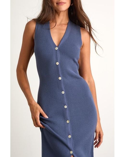 Lulus Women's Blue Emelyne Dark Slate Ribbed Button-Front Sweater