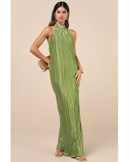 Lulus Green Gwenny Lime Satin Plisse Maxi Dress