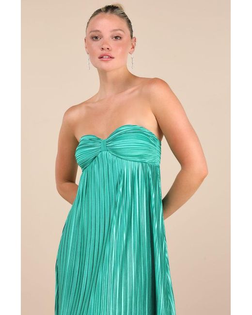 Lulus Green Whimsical Beauty Satin Plisse Strapless Maxi Dress
