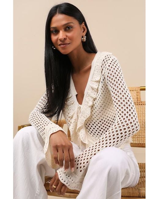 Lulus Natural Izara Cream Crochet Knit Tie-Front Long Sleeve Top